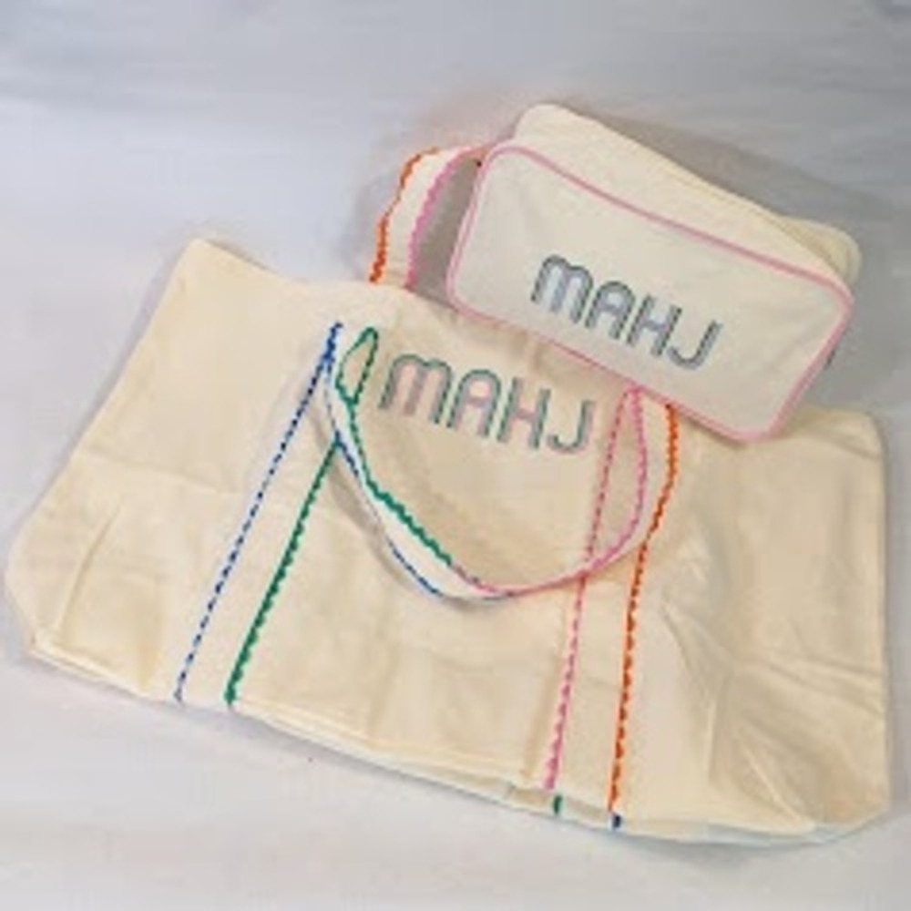 New Mahjong MAHJ Canvas Tote Bag & Matching Pouch Set Rainbow Ric-Rac Trim